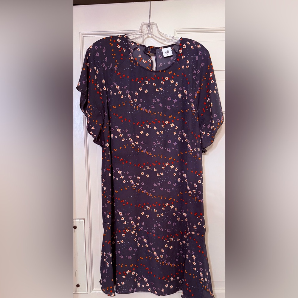 CAbi Dark Purple Tunic with Red and White Floral Pattern